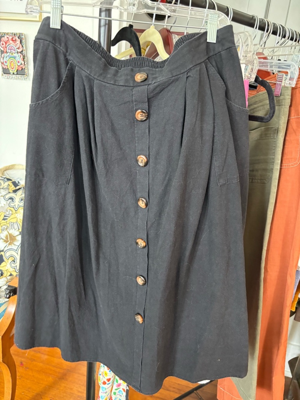 Classic Button-Front Black Midi Skirt